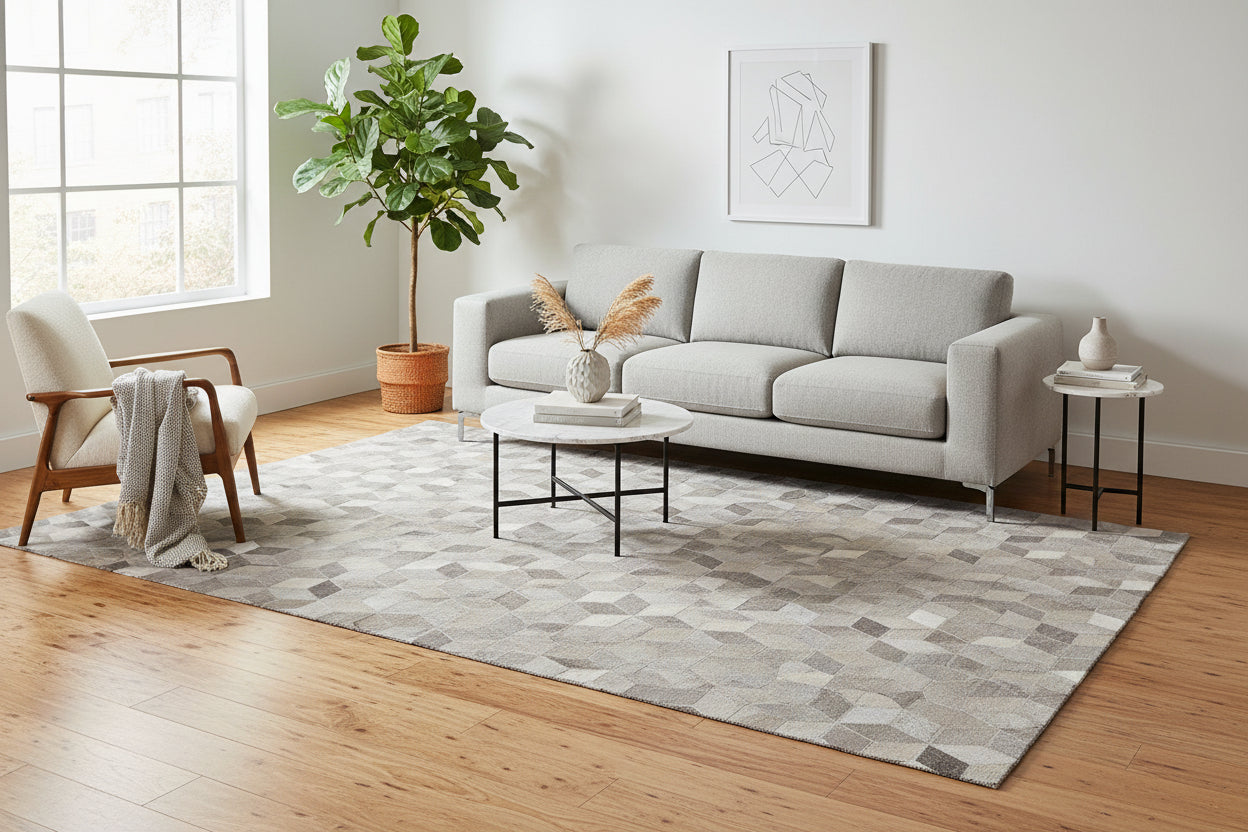Joni Leather Handmade Gray Diamonods Rug | Modern Geometric Patchwork Cowhide Aea Rug