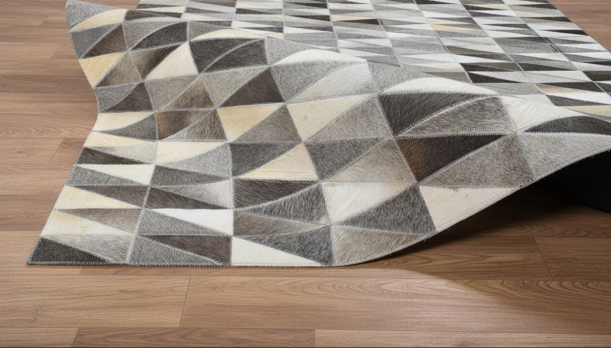 Joscelin Handmade Leather Charcoal Gray Diamonds Area Rug | Modern Patchwork Triangles Cowhide Rug   9060927668373