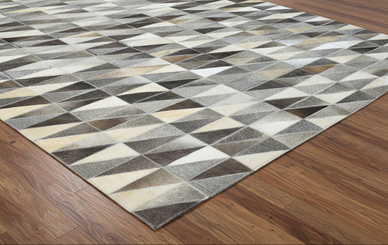 Joscelin Handmade Leather Charcoal Gray Diamonds Area Rug | Modern Patchwork Triangles Cowhide Rug   9060927668373