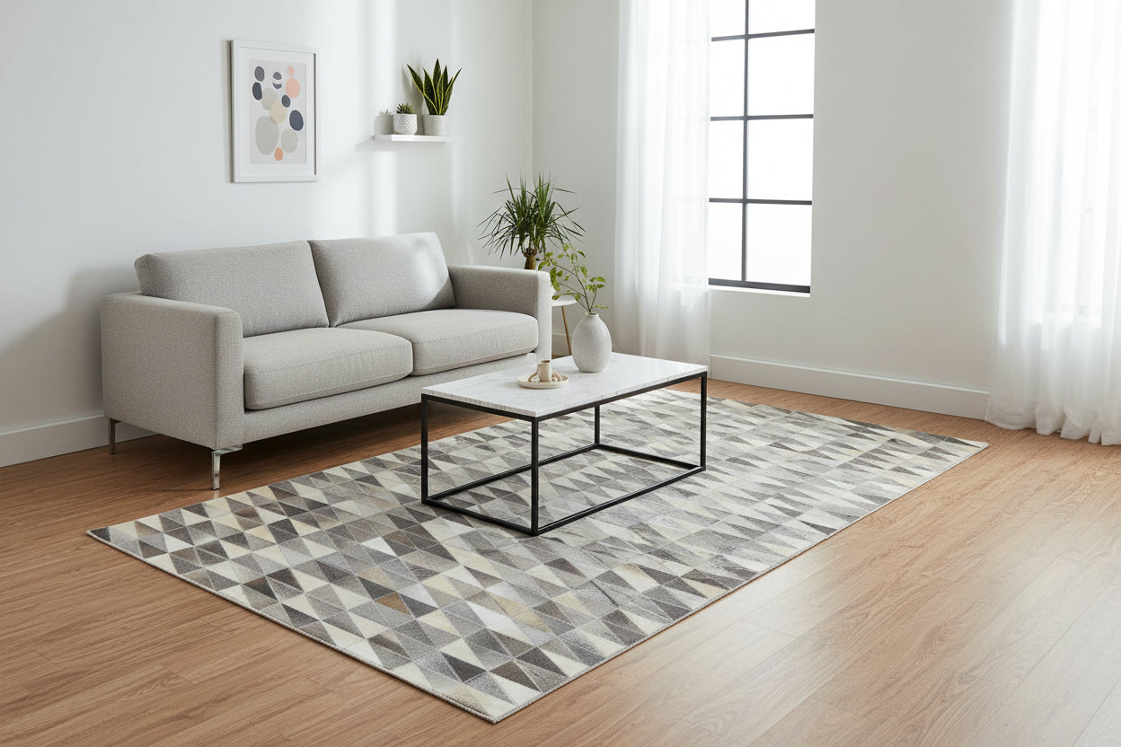 Joscelin Handmade Leather Charcoal Gray Diamonds Area Rug | Modern Patchwork Triangles Cowhide Rug   9060927668373