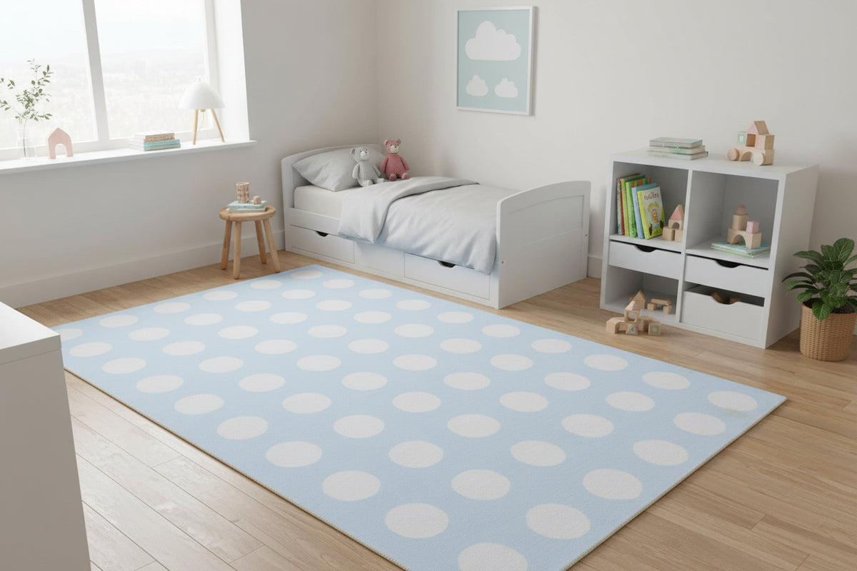 Juni Polka Dot Sky Blue Handmade Kids Nursery Plush Soft Rug   9125656756373