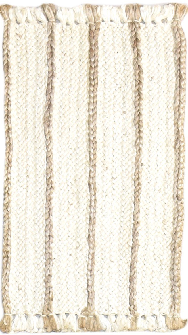 Jute Ivory Rug 2' X 3' Modern Hand Woven Scandinavian Striped Small Carpet   7864960712853