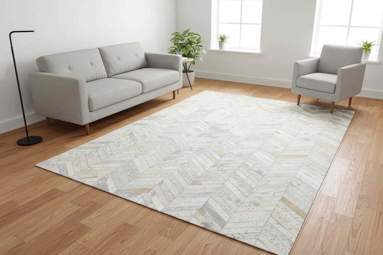 Kati Handmade Off-White Patchwork Leather Rug - Modern Chevron Cowhide Rug   9065168142485