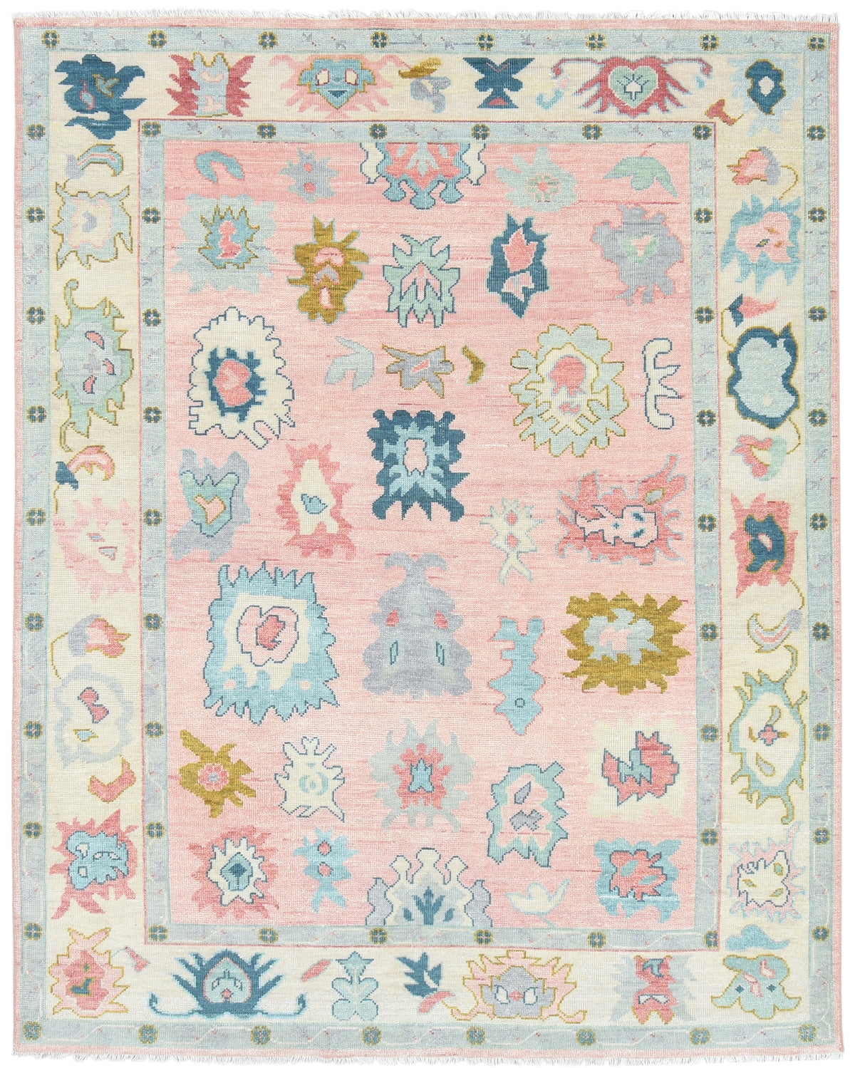 Kazin Hand-Knotted Oriental Oushak Rug – Pink & Blue Persian Floral Wool Rug   9203397951637