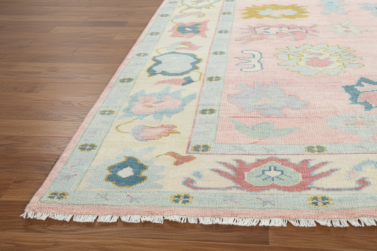 Kazin Hand-Knotted Oriental Oushak Rug – Pink & Blue Persian Floral Wool Rug   9203397951637