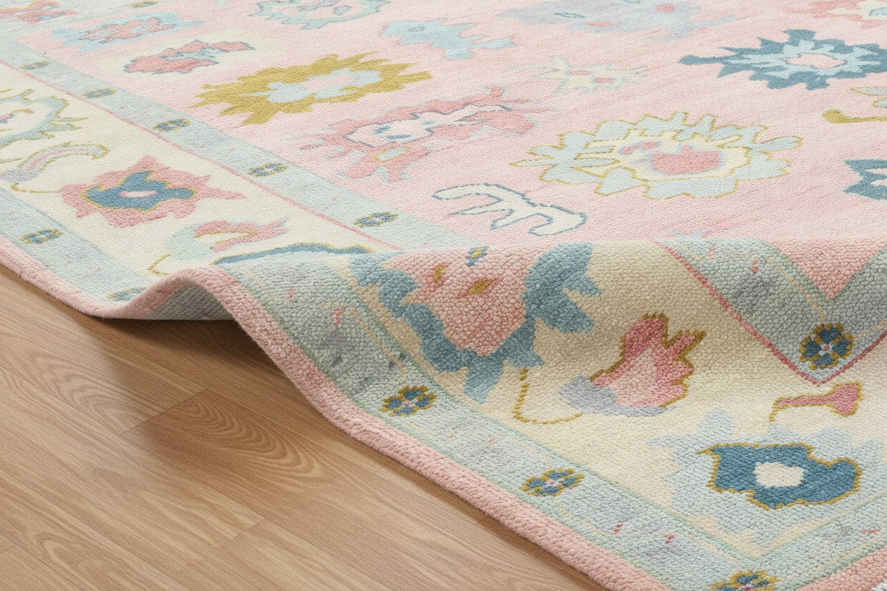 Kazin Hand-Knotted Oriental Oushak Rug – Pink & Blue Persian Floral Wool Rug   9203397951637