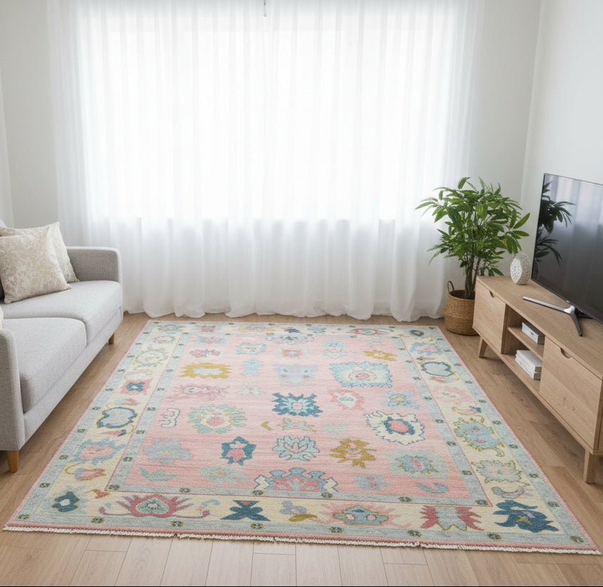Kazin Hand-Knotted Oriental Oushak Rug – Pink & Blue Persian Floral Wool Rug   9203397951637