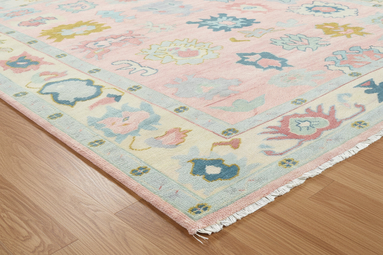 Kazin Hand-Knotted Oriental Oushak Rug – Pink & Blue Persian Floral Wool Rug   9203397951637
