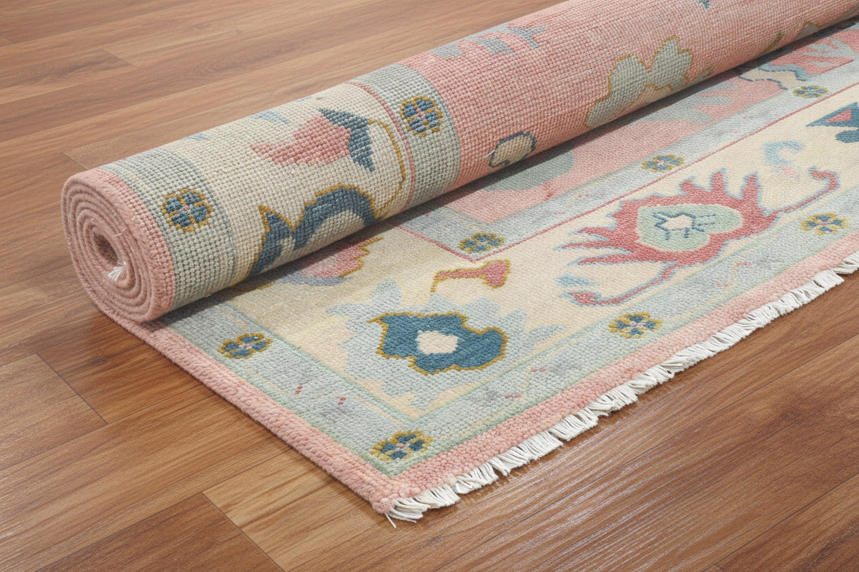 Kazin Hand-Knotted Oriental Oushak Rug – Pink & Blue Persian Floral Wool Rug   9203397951637