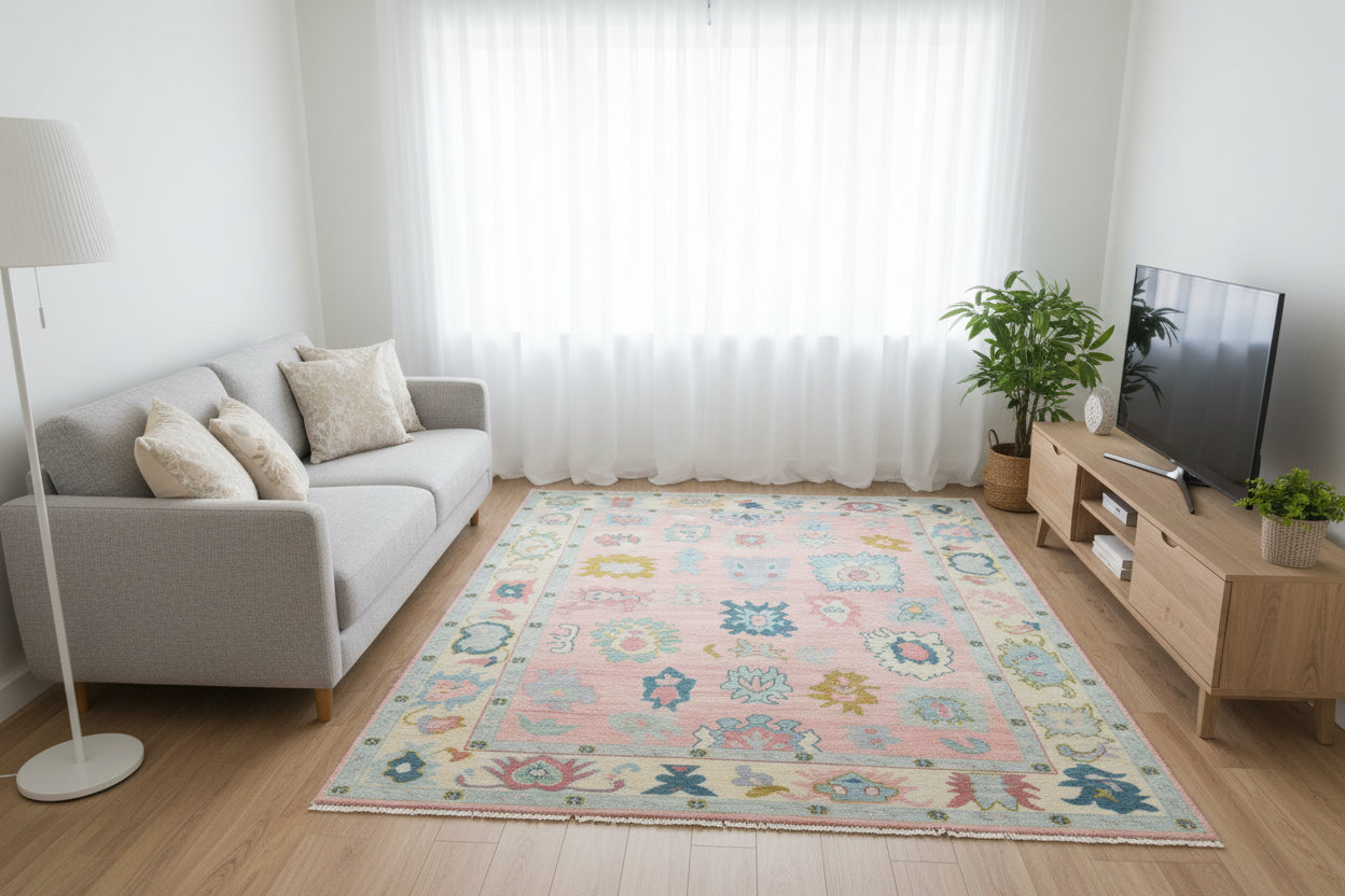 Kazin Hand-Knotted Oriental Oushak Rug – Pink & Blue Persian Floral Wool Rug   9203397951637