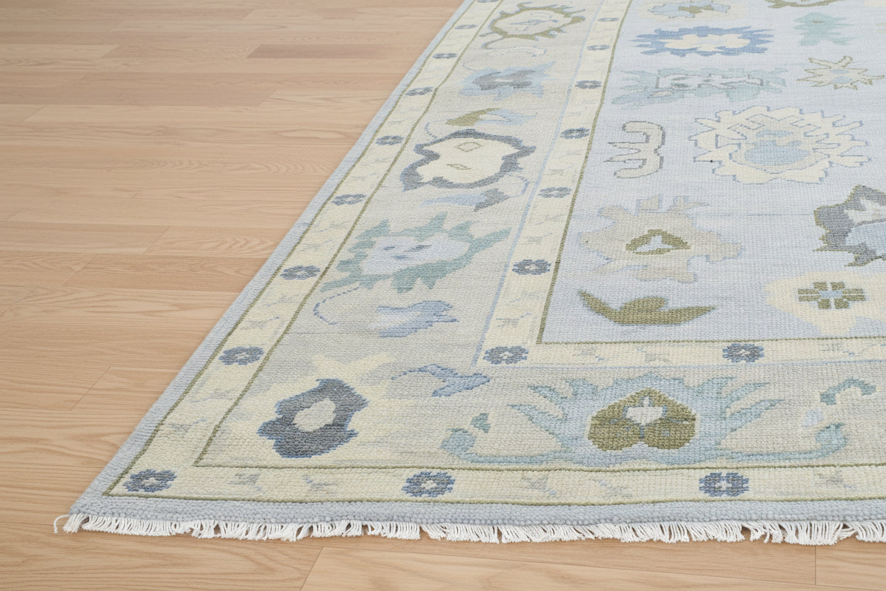 Kazin Hand-Knotted Oriental Oushak Rug – Soft Blue & Sage Persian Floral Wool Rug   9203397329045