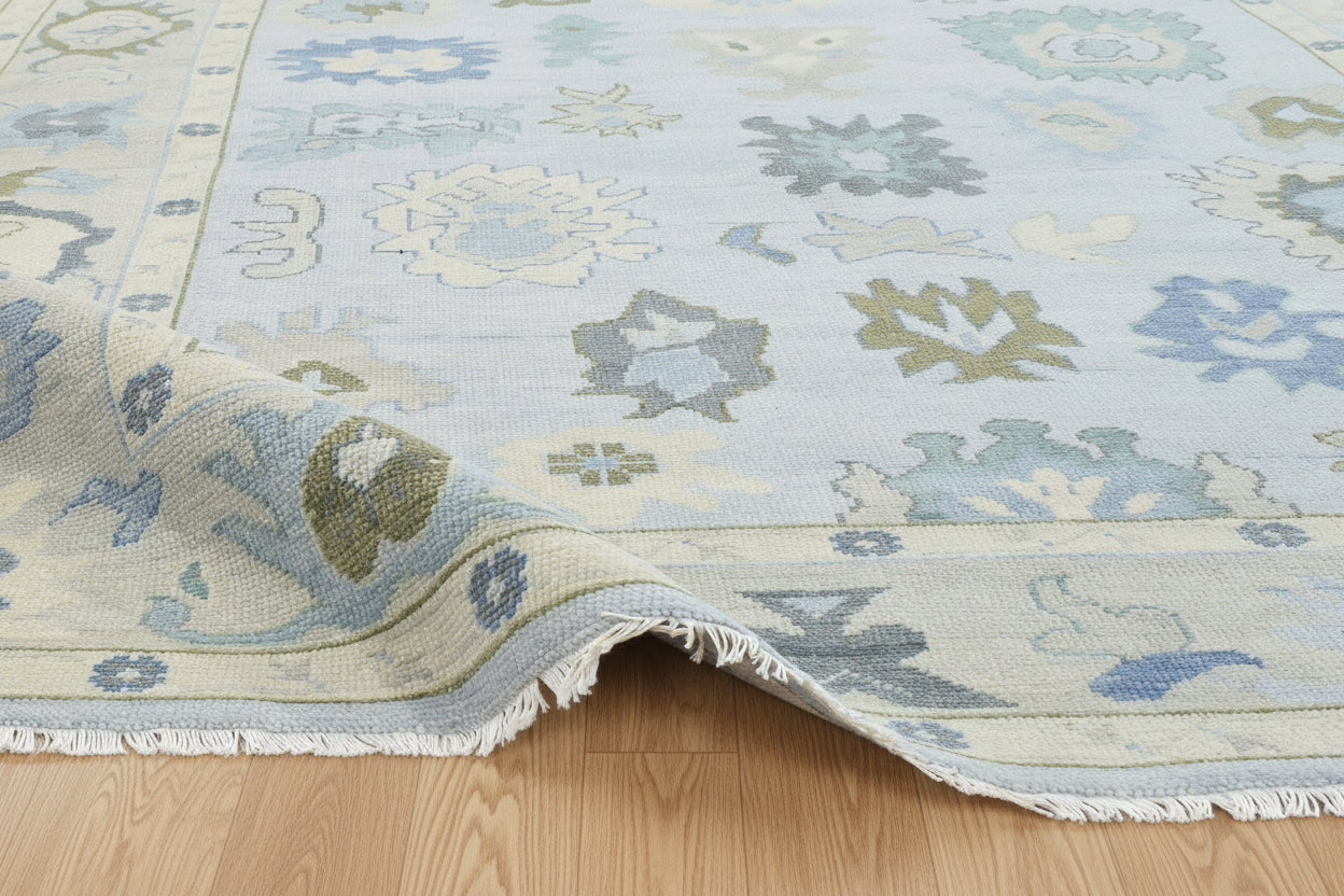 Kazin Hand-Knotted Oriental Oushak Rug – Soft Blue & Sage Persian Floral Wool Rug   9203397329045