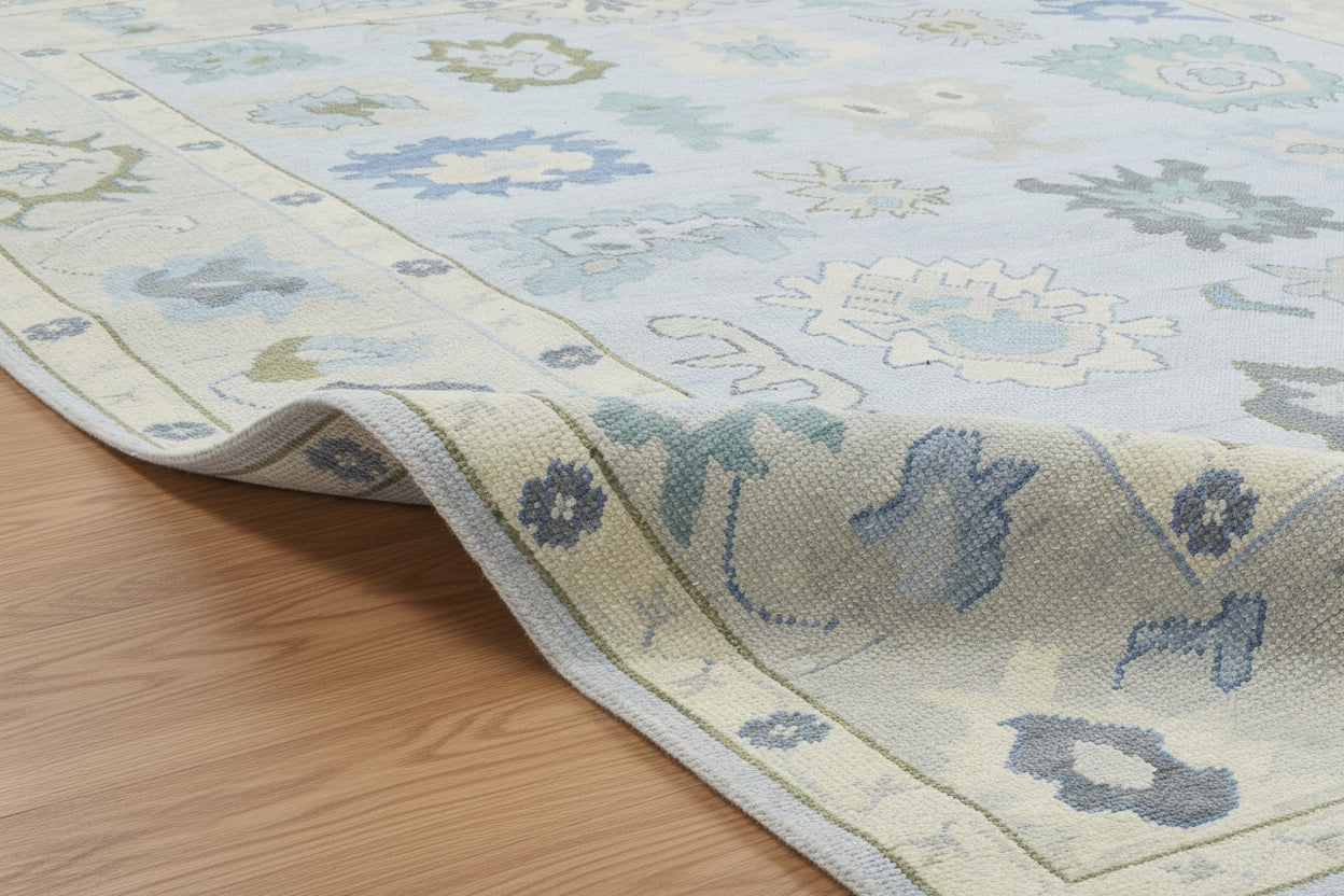 Kazin Hand-Knotted Oriental Oushak Rug – Soft Blue & Sage Persian Floral Wool Rug   9203397329045