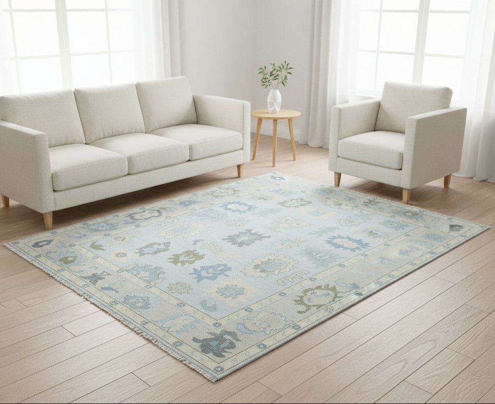 Kazin Hand-Knotted Oriental Oushak Rug – Soft Blue & Sage Persian Floral Wool Rug   9203397329045