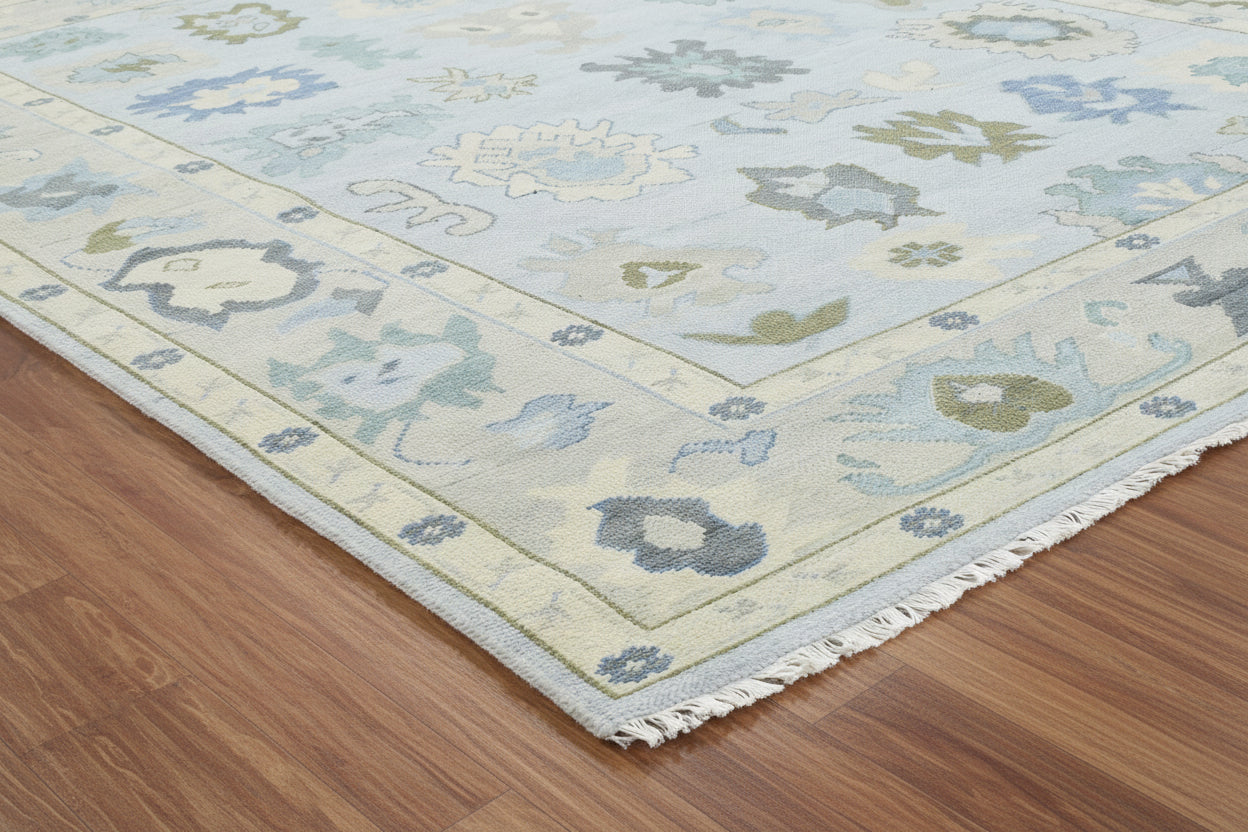Kazin Hand-Knotted Oriental Oushak Rug – Soft Blue & Sage Persian Floral Wool Rug   9203397329045