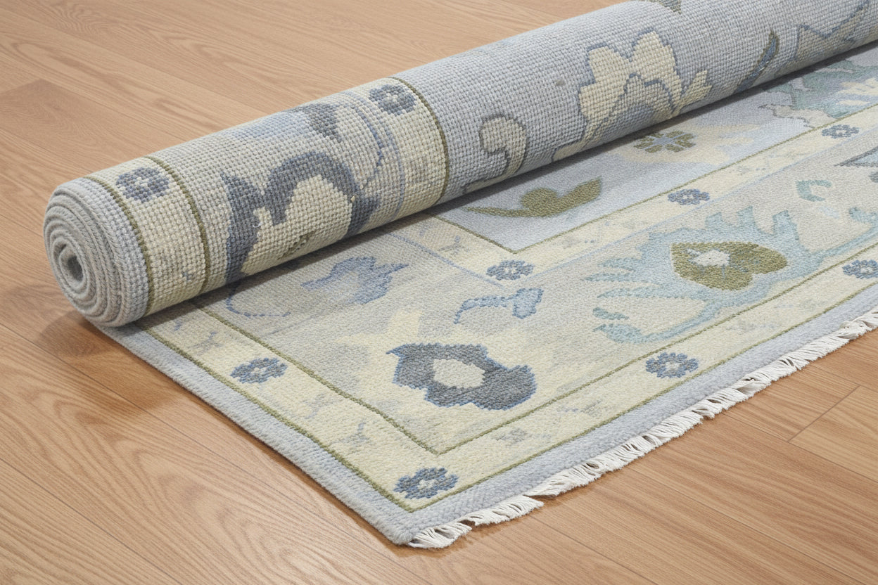 Kazin Hand-Knotted Oriental Oushak Rug – Soft Blue & Sage Persian Floral Wool Rug   9203397329045