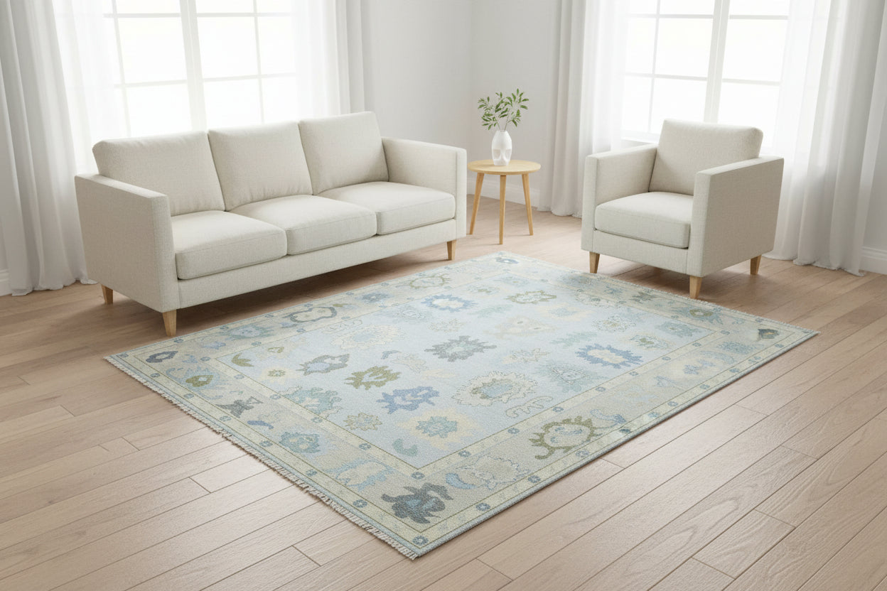 Kazin Hand-Knotted Oriental Oushak Rug – Soft Blue & Sage Persian Floral Wool Rug   9203397329045