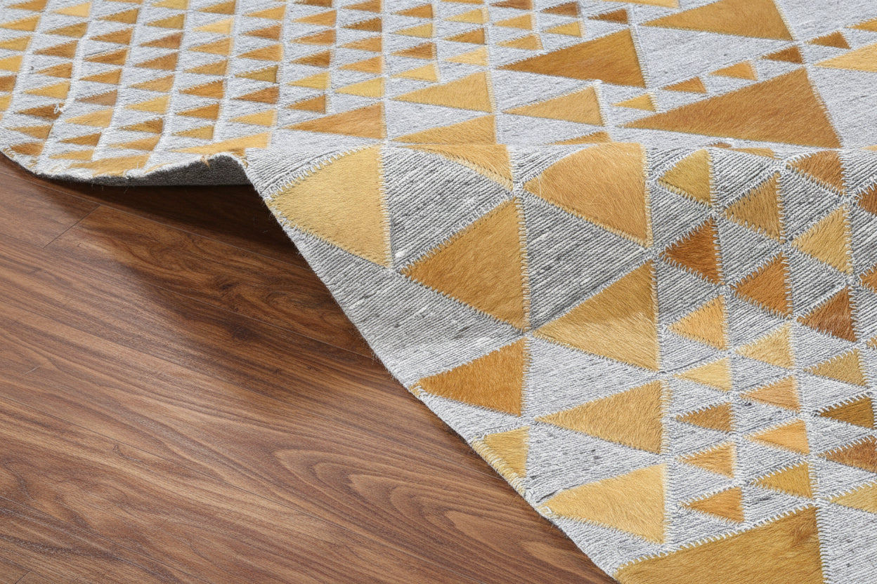Kellie Gold Leather / Cotton Rug 3X9 Modern Hand Woven Scandinavian Triangles   7864511398037