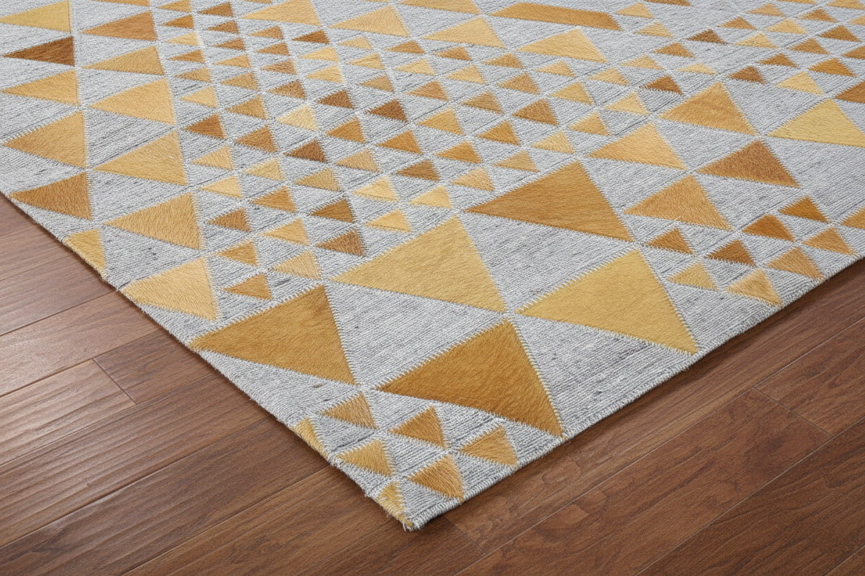 Kellie Gold Leather / Cotton Rug 3X9 Modern Hand Woven Scandinavian Triangles   7864511398037