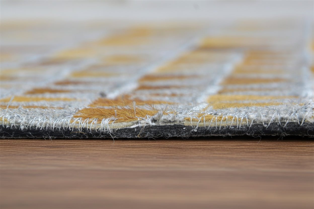 Kellie Gold Leather / Cotton Rug 3X9 Modern Hand Woven Scandinavian Triangles   7864511398037