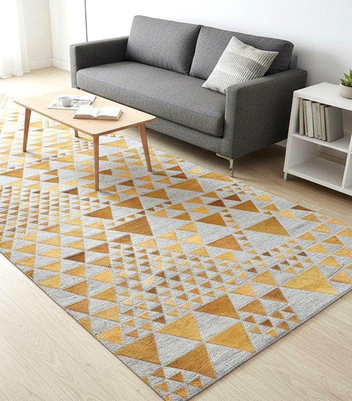 Kellie Gold Leather / Cotton Rug 3X9 Modern Hand Woven Scandinavian Triangles   7864511398037