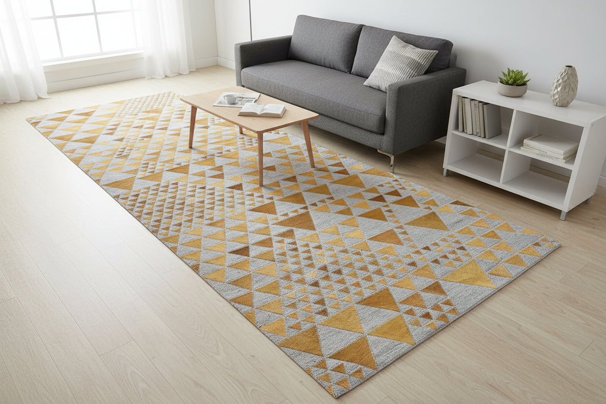 Kellie Gold Leather / Cotton Rug 3X9 Modern Hand Woven Scandinavian Triangles   7864511398037