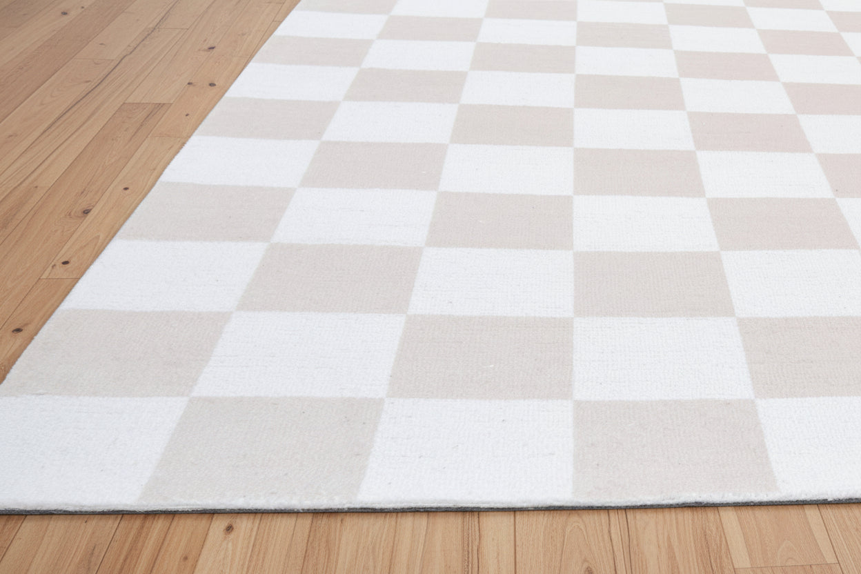 Kisan Checkerboard Handmade Beige White Rug – Modern Minimalist Decorative Area Rug   9122580201621