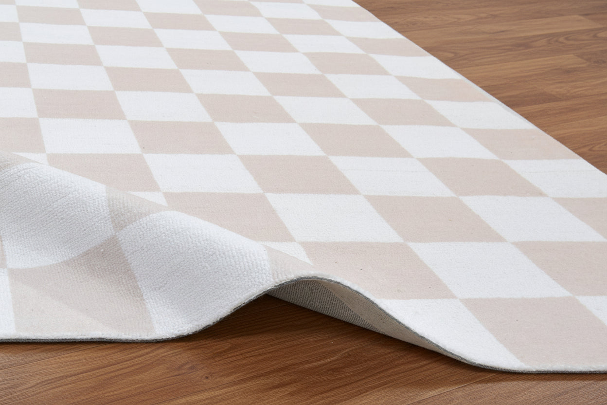 Kisan Checkerboard Handmade Beige White Rug – Modern Minimalist Decorative Area Rug   9122580201621