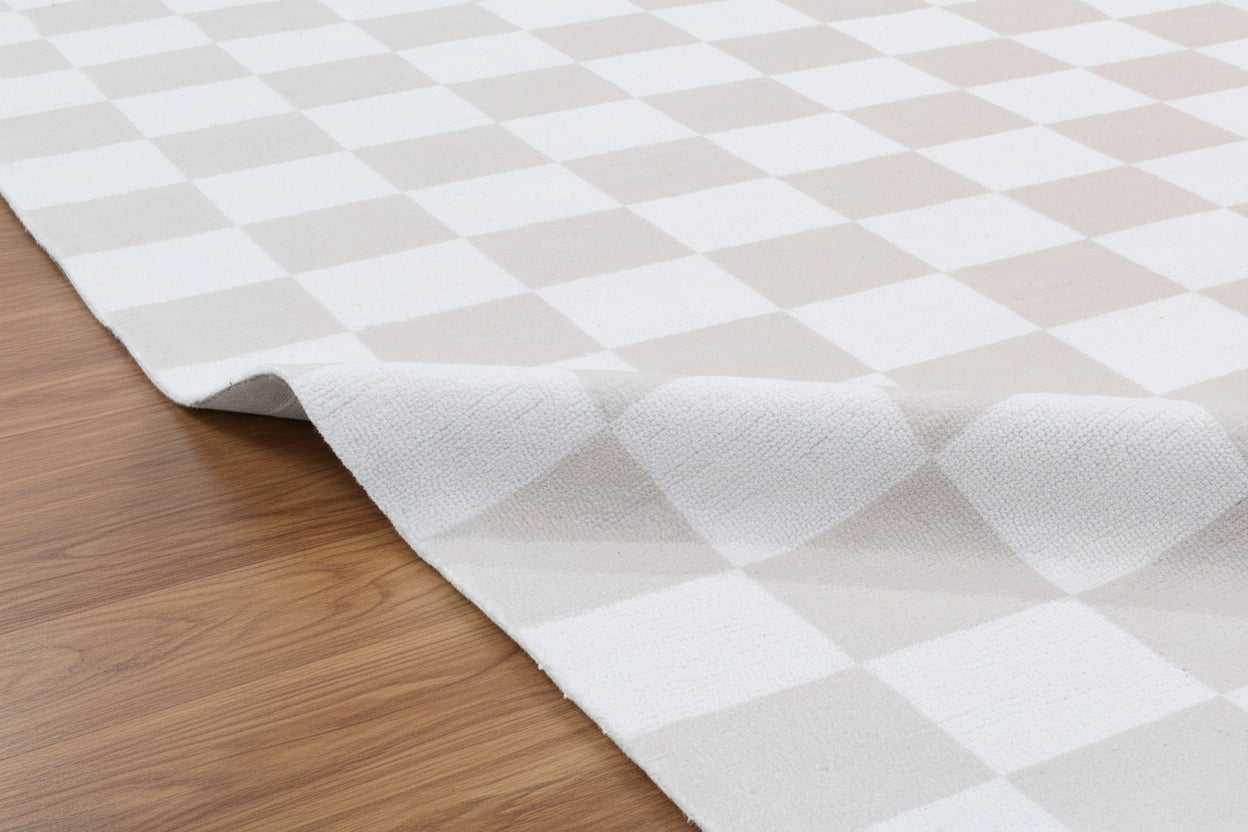 Kisan Checkerboard Handmade Beige White Rug – Modern Minimalist Decorative Area Rug   9122580201621