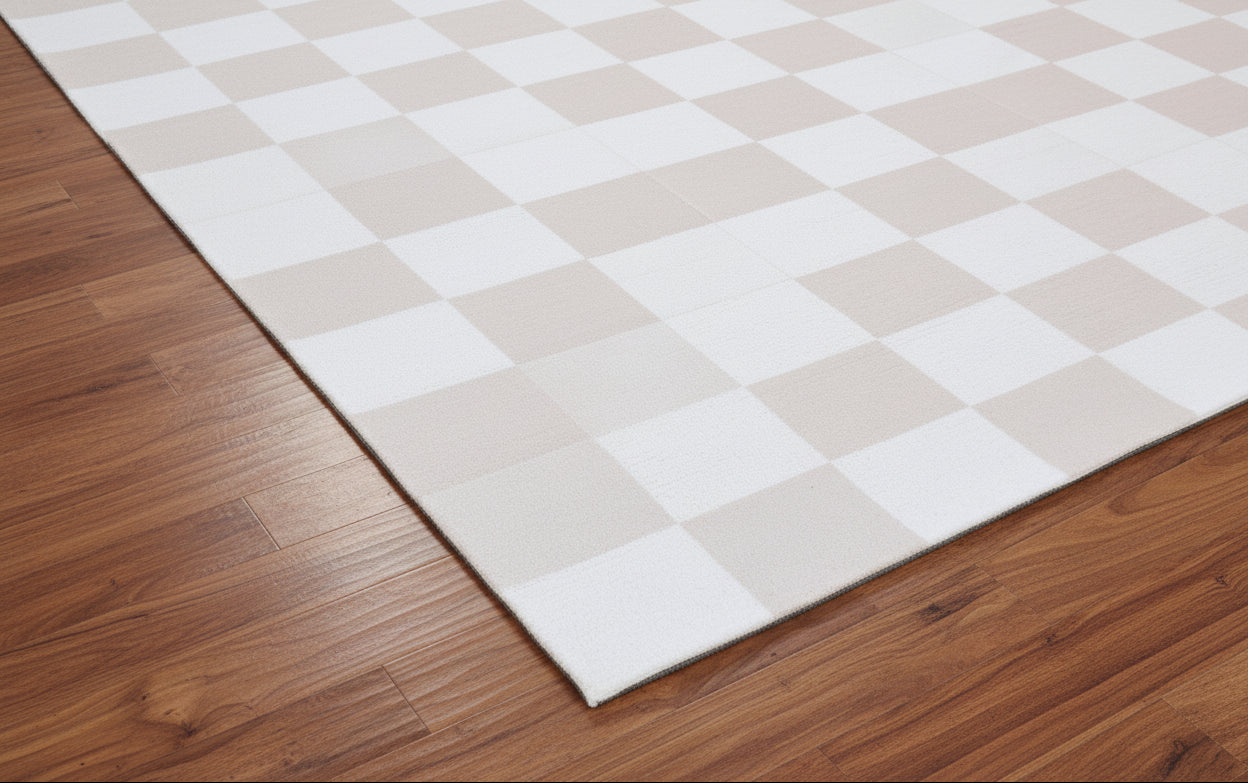 Kisan Checkerboard Handmade Beige White Rug – Modern Minimalist Decorative Area Rug   9122580201621