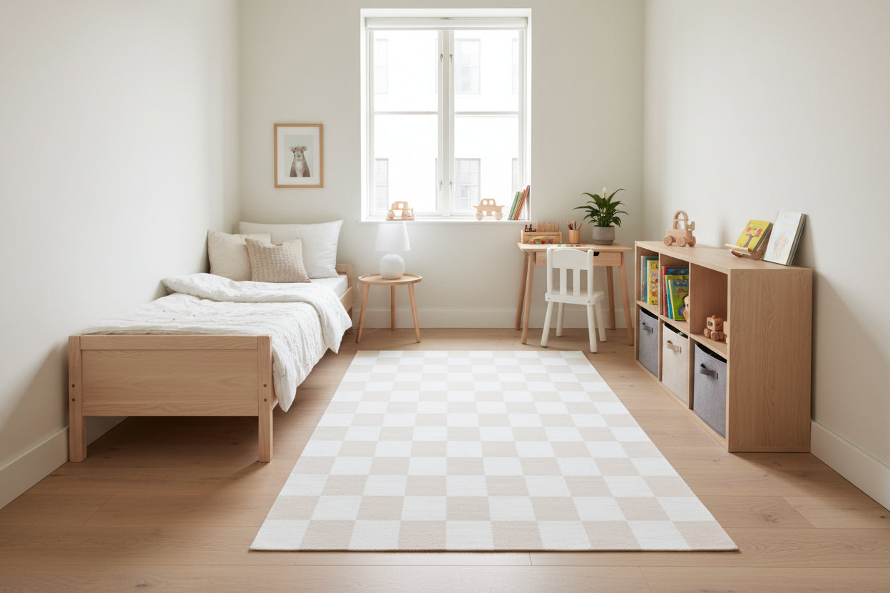 Kisan Checkerboard Handmade Beige White Rug – Modern Minimalist Decorative Area Rug   9122580201621