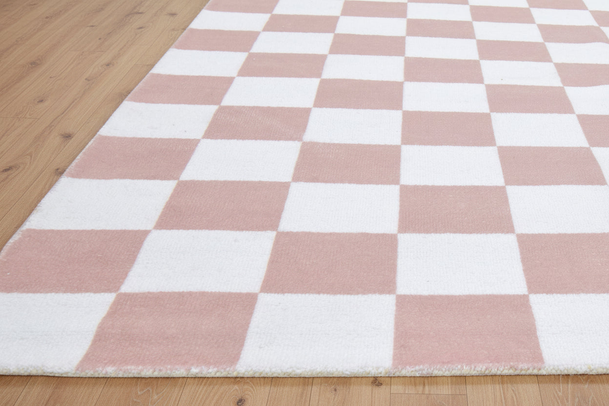 Kisan Checkerboard Handmade Dusty Rose & White Rug – Modern Rosewood Minimalist Decorative Area Rug   9122066366613