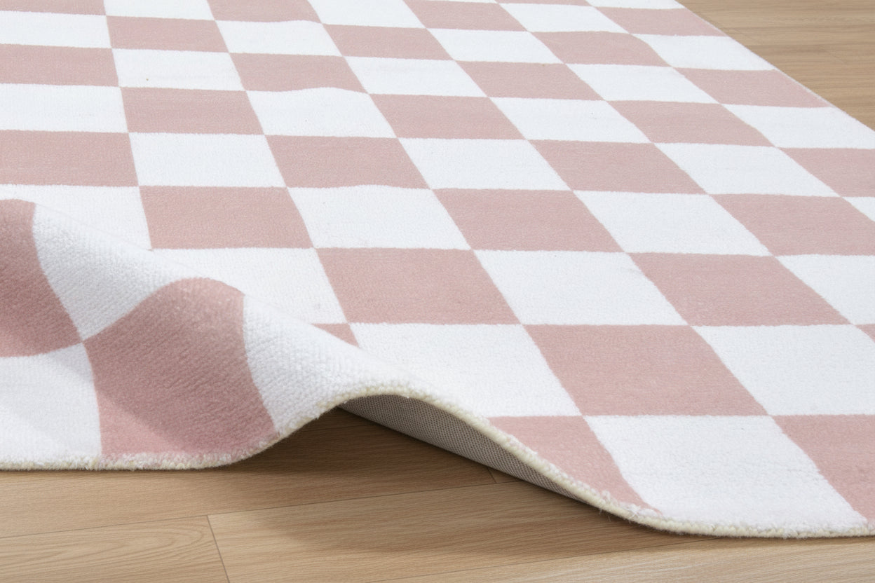 Kisan Checkerboard Handmade Dusty Rose & White Rug – Modern Rosewood Minimalist Decorative Area Rug   9122066366613