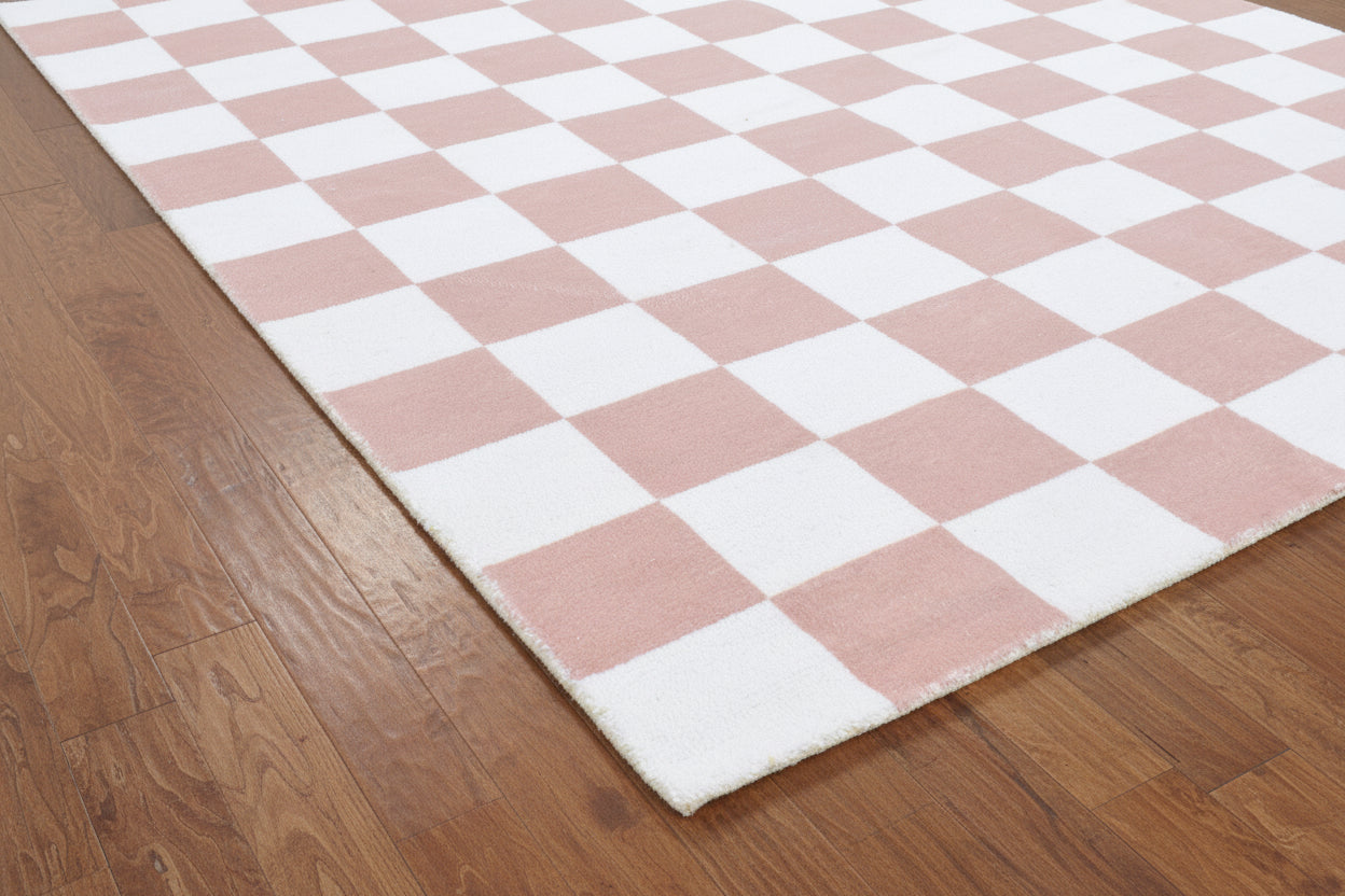 Kisan Checkerboard Handmade Dusty Rose & White Rug – Modern Rosewood Minimalist Decorative Area Rug   9122066366613