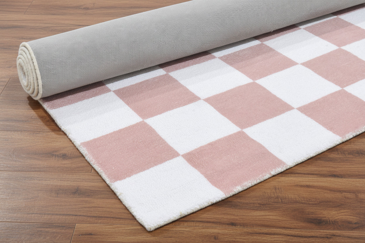 Kisan Checkerboard Handmade Dusty Rose & White Rug – Modern Rosewood Minimalist Decorative Area Rug   9122066366613