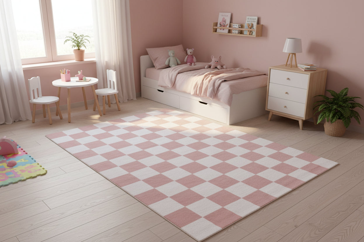 Kisan Checkerboard Handmade Dusty Rose & White Rug – Modern Rosewood Minimalist Decorative Area Rug   9122066366613