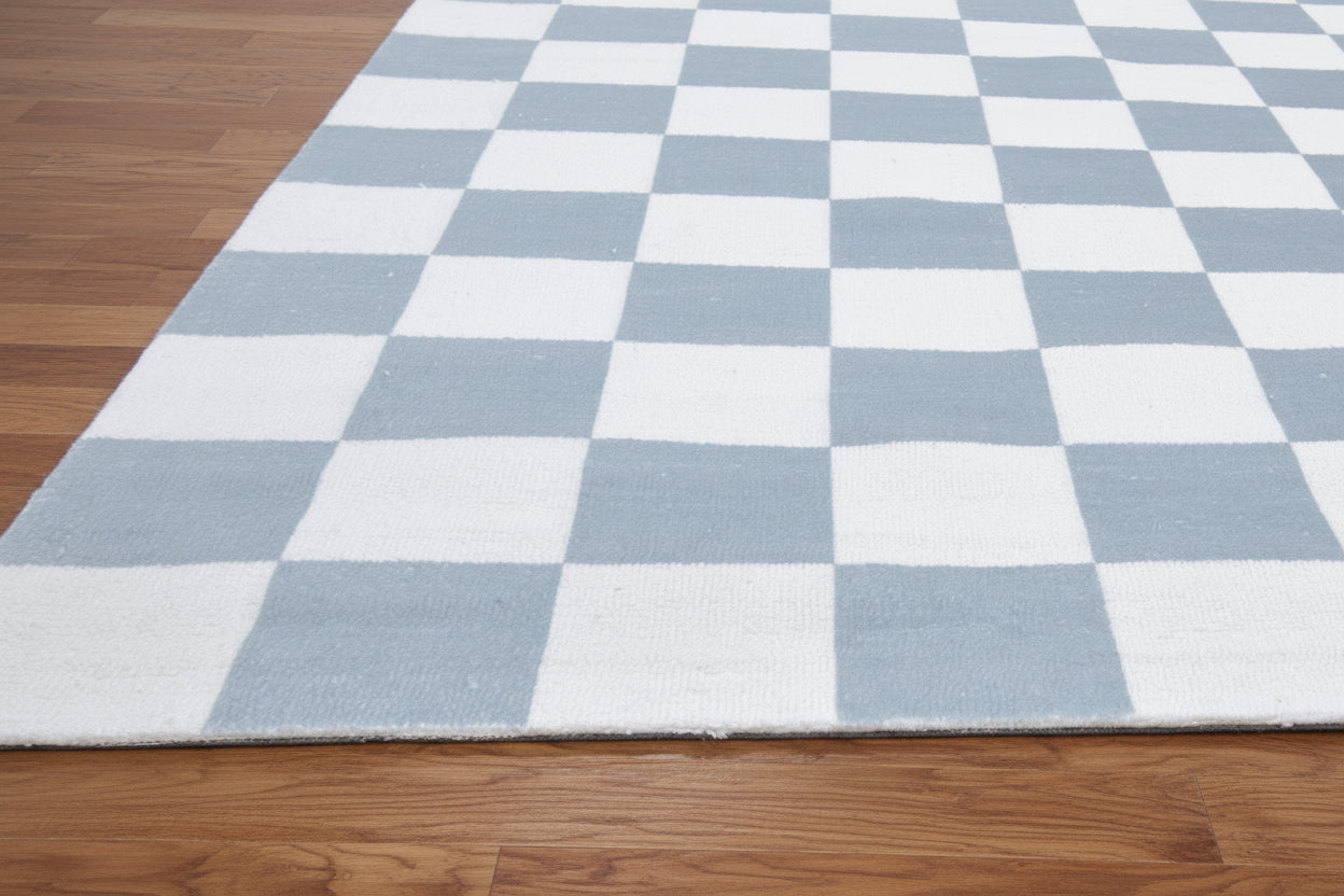 Kisan Checkerboard Handmade Light Blue & White Rug – Modern Minimalist Decorative Area Rug   9122099298453
