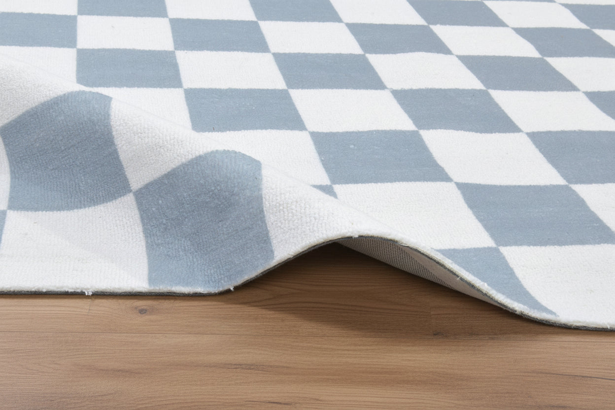 Kisan Checkerboard Handmade Light Blue & White Rug – Modern Minimalist Decorative Area Rug   9122099298453