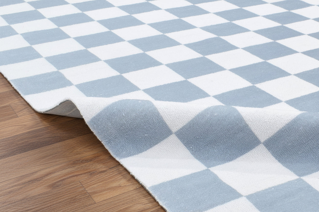 Kisan Checkerboard Handmade Light Blue & White Rug – Modern Minimalist Decorative Area Rug   9122099298453