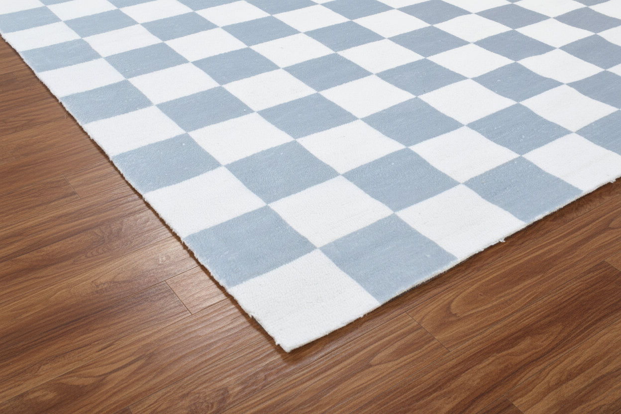 Kisan Checkerboard Handmade Light Blue & White Rug – Modern Minimalist Decorative Area Rug   9122099298453
