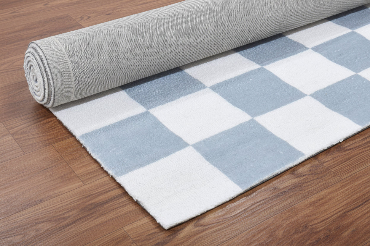 Kisan Checkerboard Handmade Light Blue & White Rug – Modern Minimalist Decorative Area Rug   9122099298453
