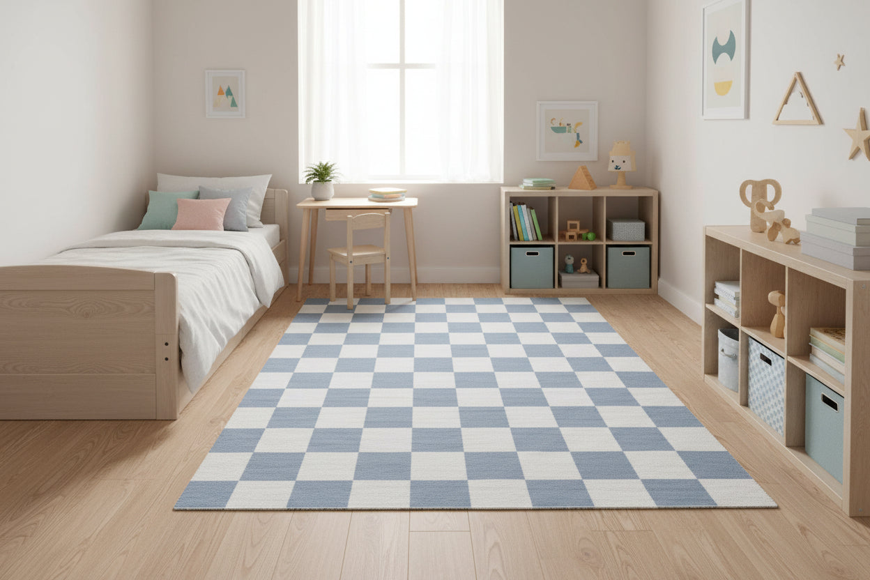 Kisan Checkerboard Handmade Light Blue & White Rug – Modern Minimalist Decorative Area Rug   9122099298453