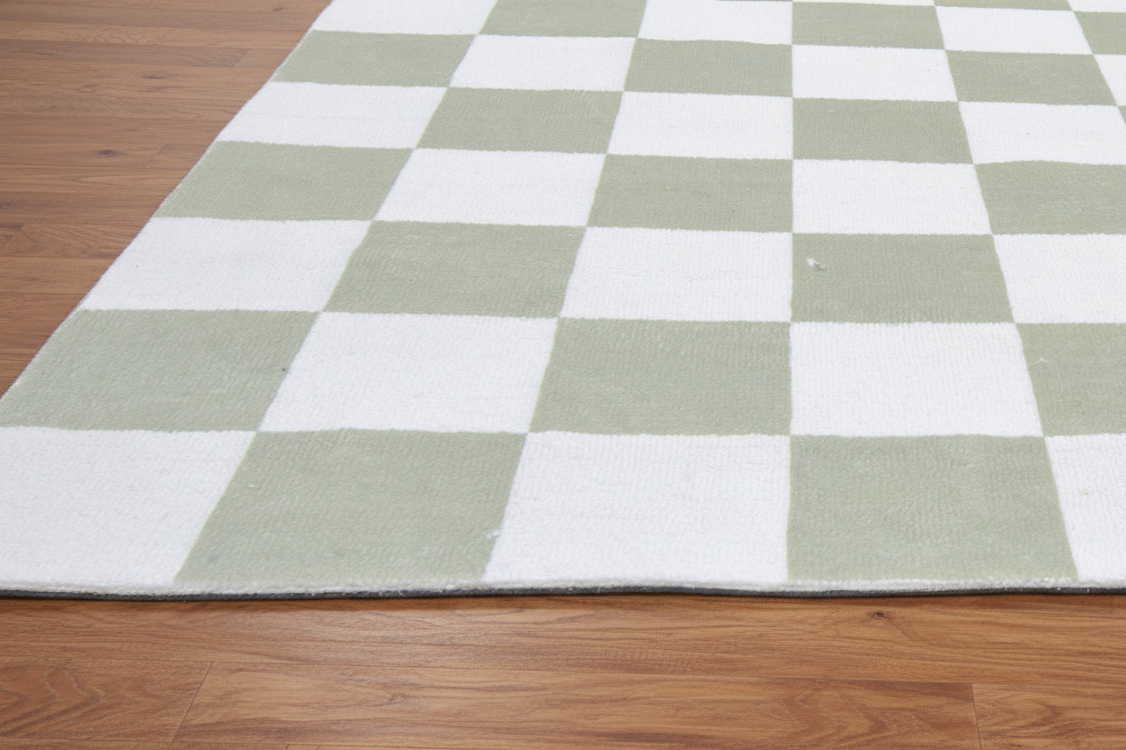Kisan Checkerboard Handmade Sage Green & White Rug – Modern Minimalist Decorative Area Rug   9122096185493