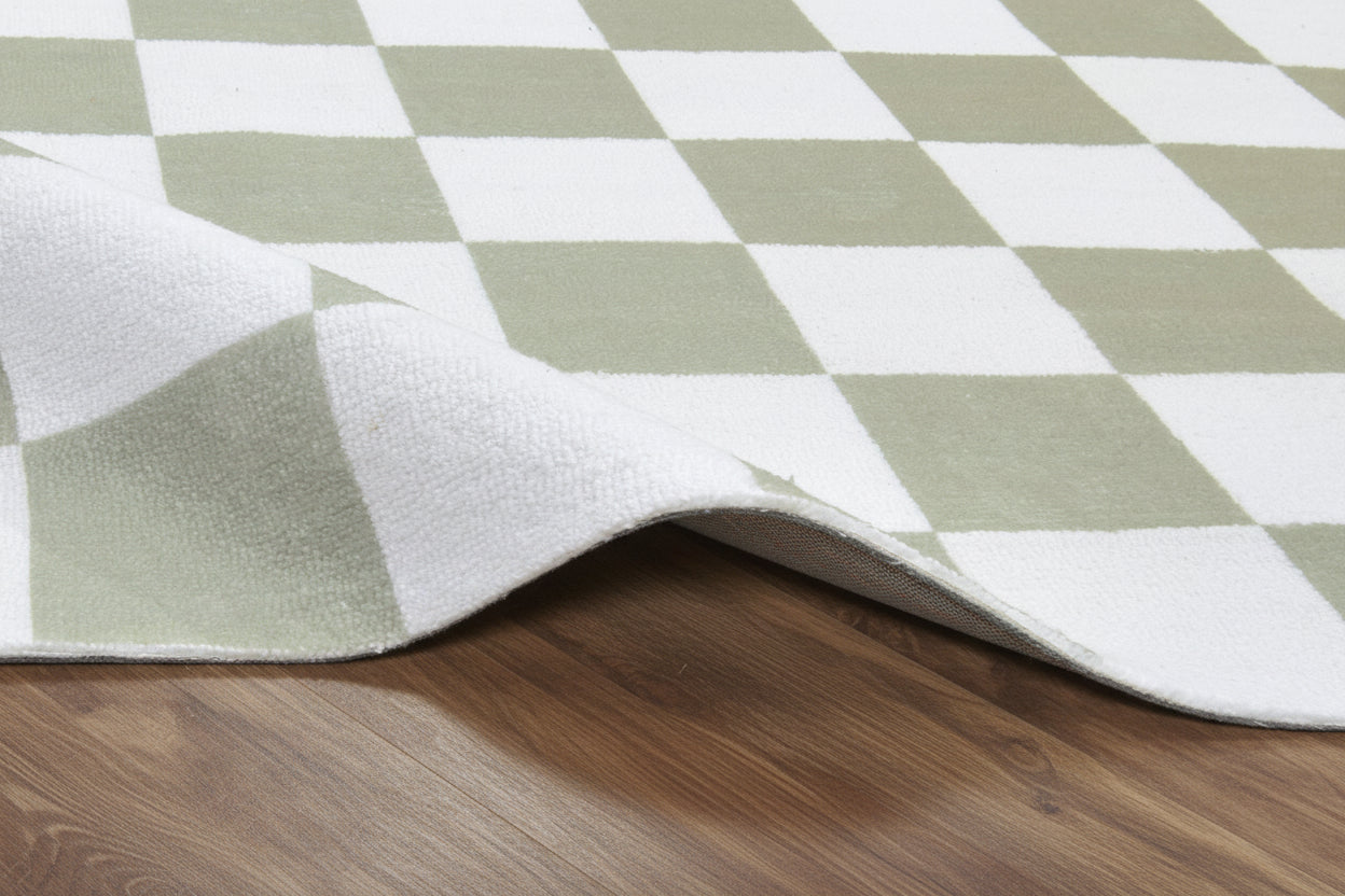 Kisan Checkerboard Handmade Sage Green & White Rug – Modern Minimalist Decorative Area Rug   9122096185493