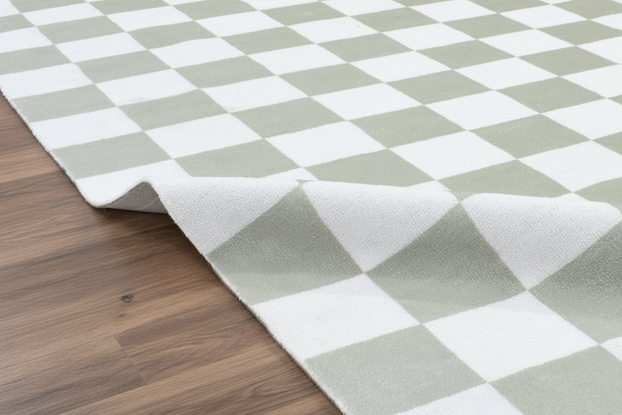 Kisan Checkerboard Handmade Sage Green & White Rug – Modern Minimalist Decorative Area Rug   9122096185493