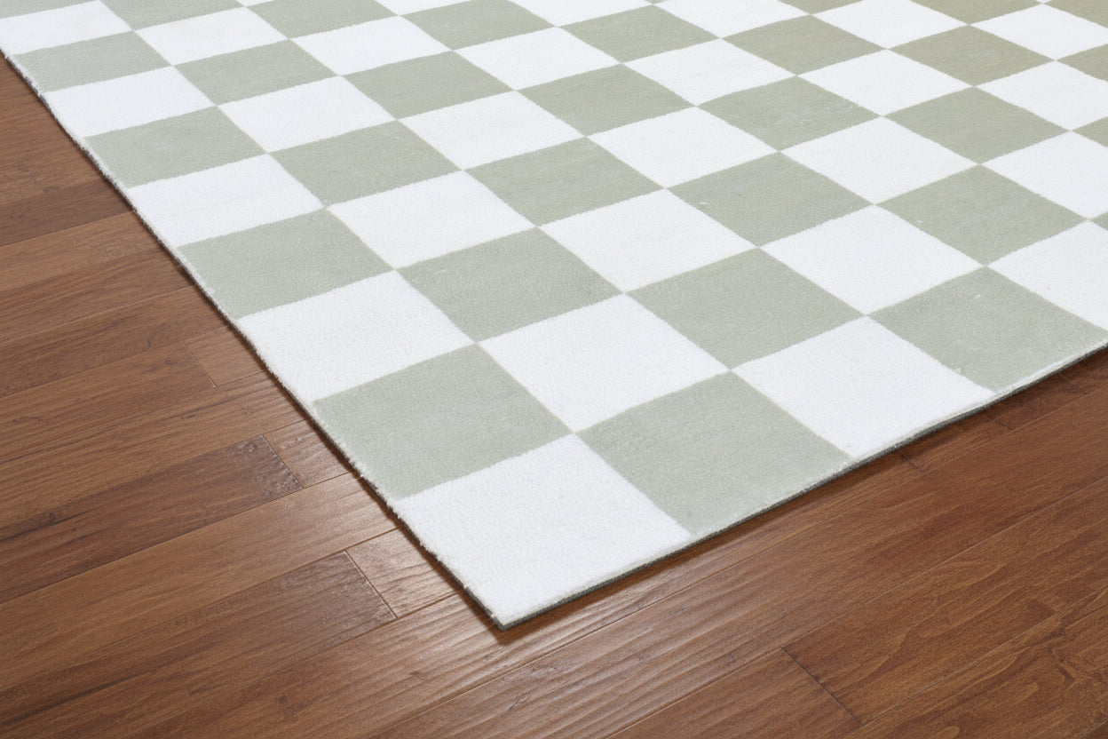 Kisan Checkerboard Handmade Sage Green & White Rug – Modern Minimalist Decorative Area Rug   9122096185493