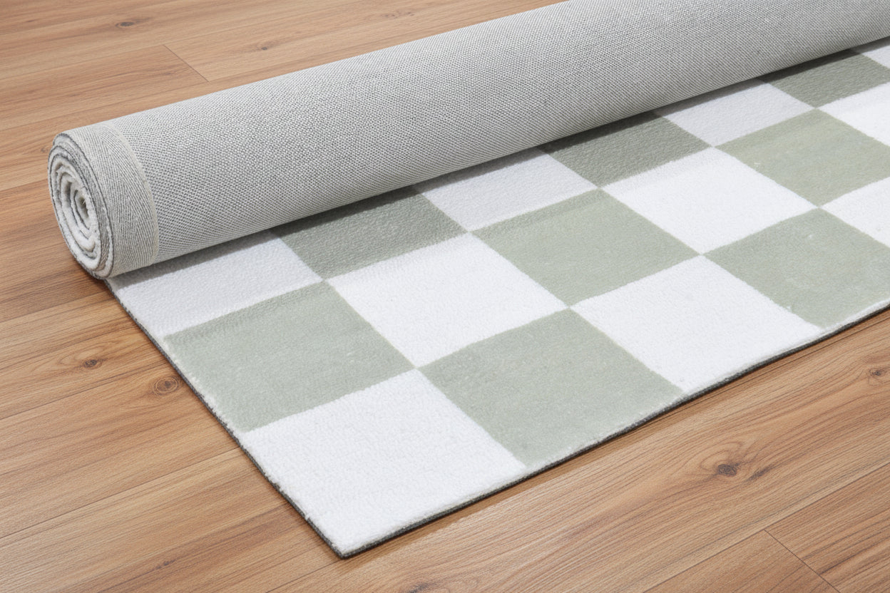 Kisan Checkerboard Handmade Sage Green & White Rug – Modern Minimalist Decorative Area Rug   9122096185493
