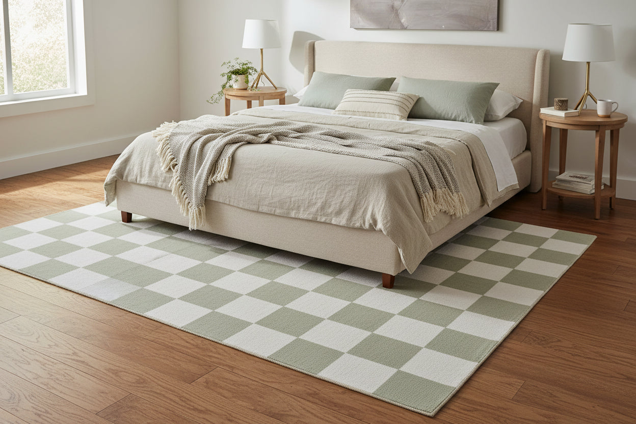 Kisan Checkerboard Handmade Sage Green & White Rug – Modern Minimalist Decorative Area Rug   9122096185493