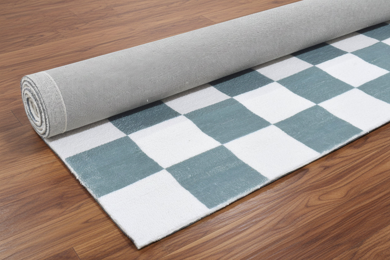 Kisan Checkerboard Handmade Teal Green & White Rug – Modern Minimalist Decorative Area Rug   9122101395605