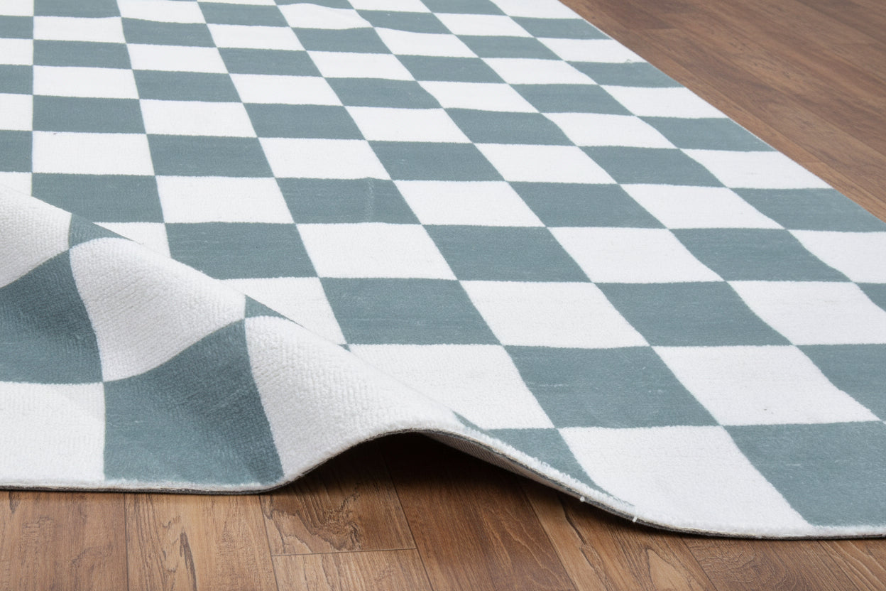 Kisan Checkerboard Handmade Teal Green & White Rug – Modern Minimalist Decorative Area Rug   9122101395605